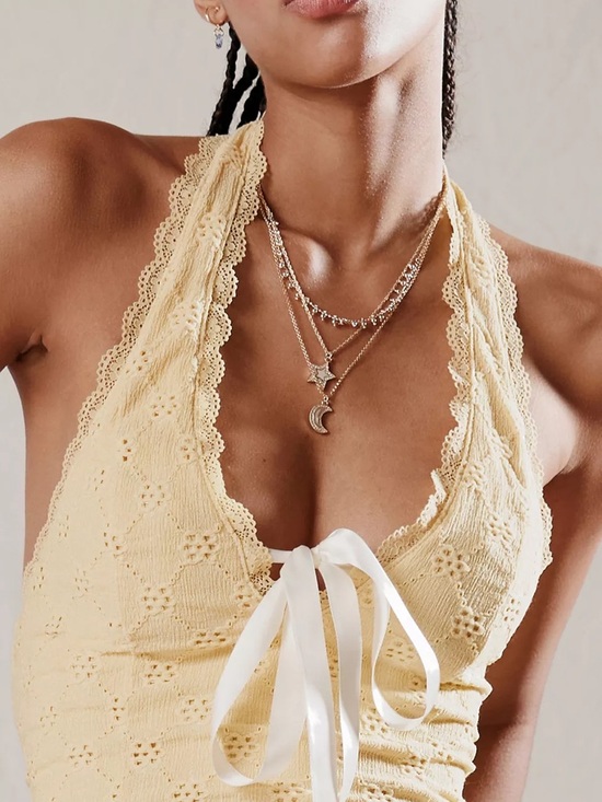 Lemon Tops - NWT Lemon Yellow Lace Halter Tie-Front Top